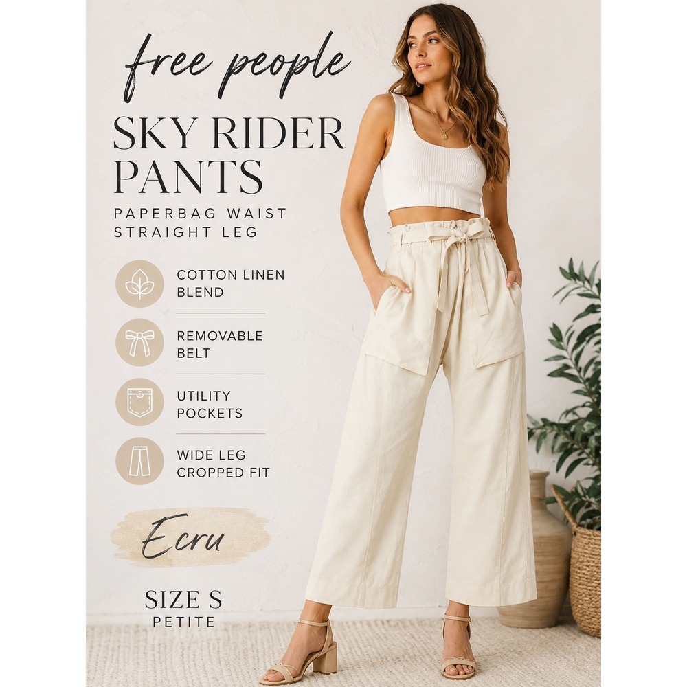 Free People Sky Rider Pants Ecru S Paperbag Waist‎ Wide Leg Crop Linen Blend